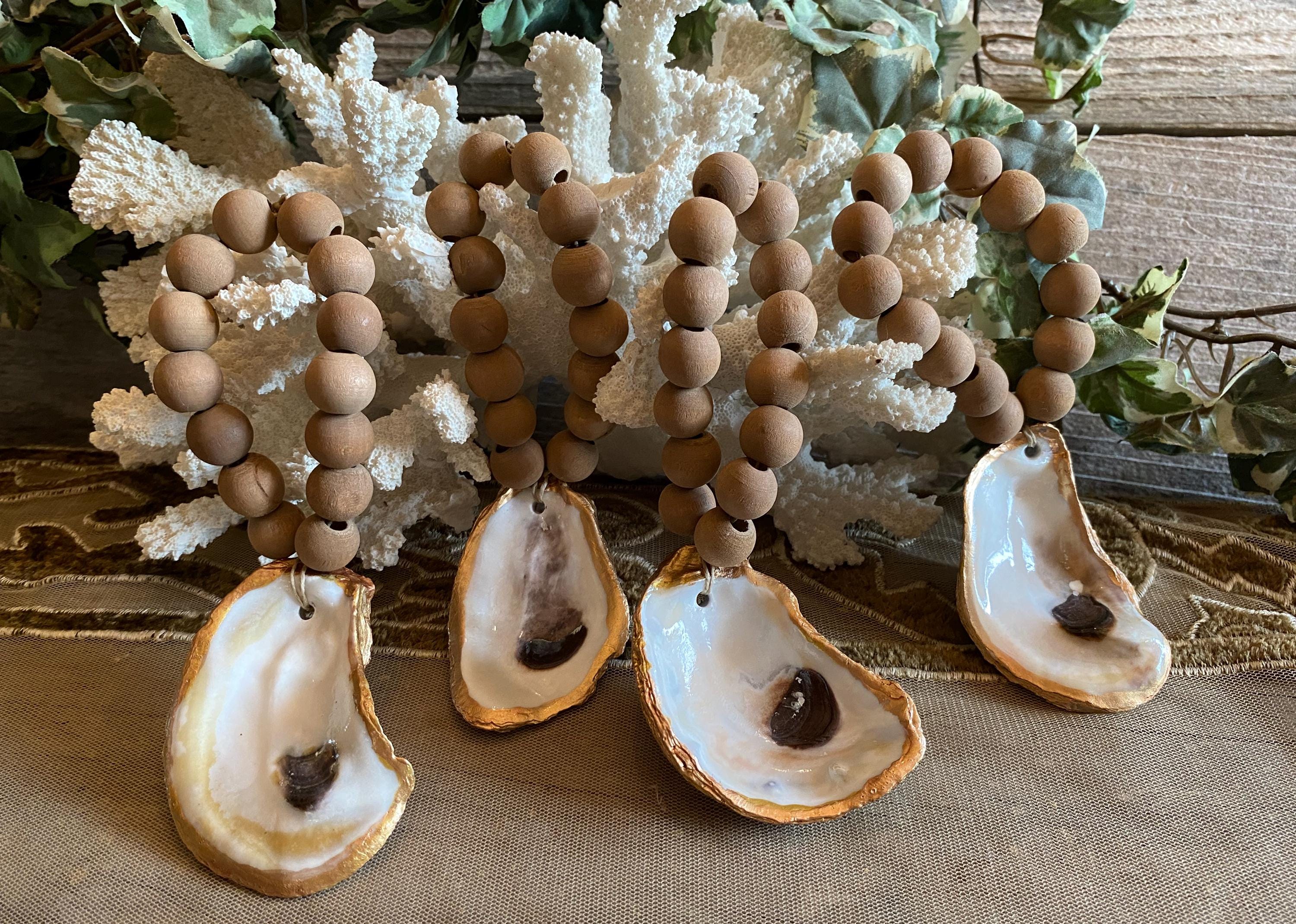 Set of 4 Coastal Seashell Napkin Rings With Natural Wooden Beads ...
