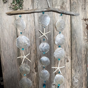 May include: A coastal-themed wind chime featuring iridescent capiz shells, white starfish, and turquoise beads. The shells are suspended from a driftwood branch, creating a natural and airy aesthetic. The chime hangs from a decorative metal hook.