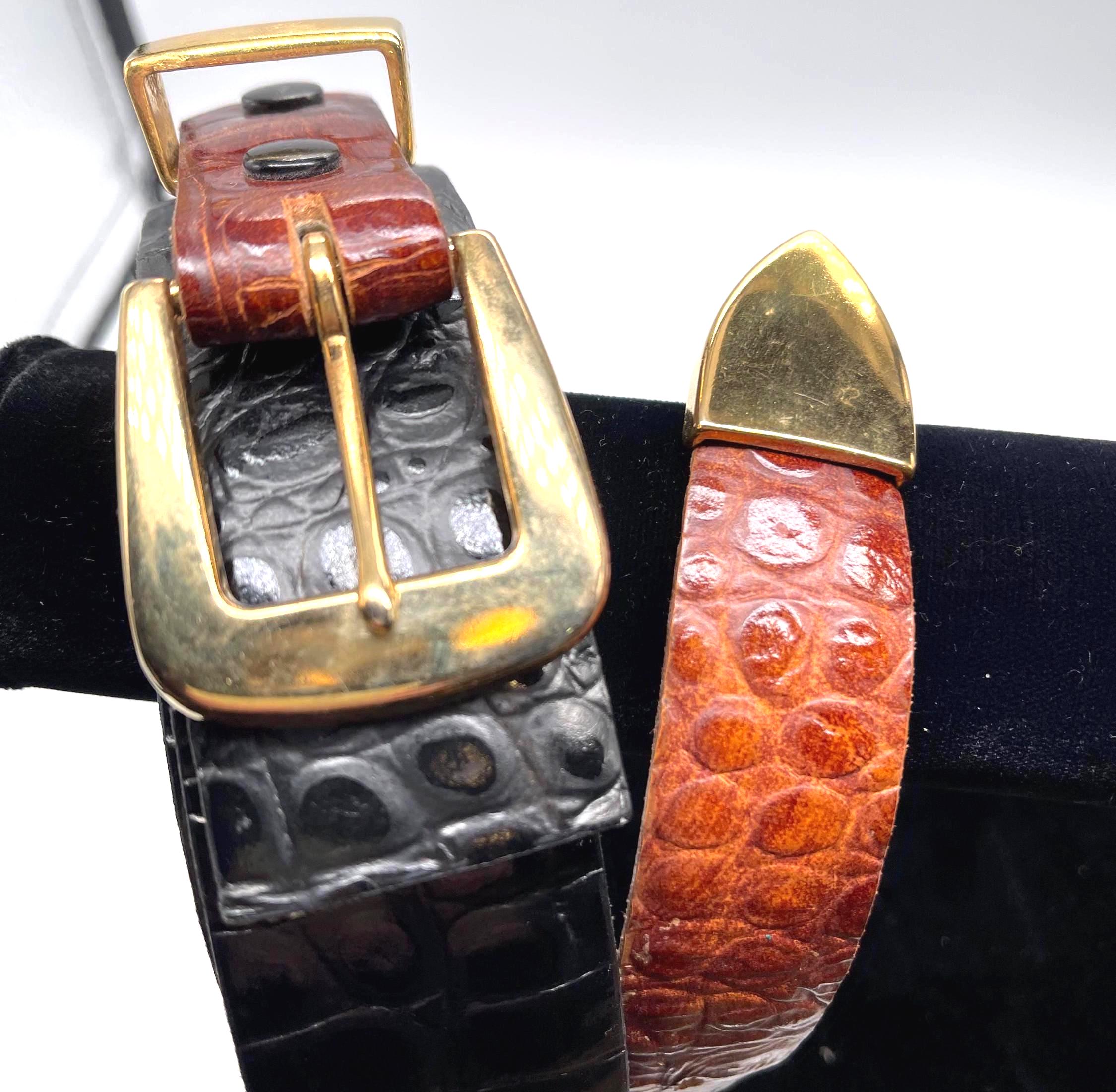 Vintage Elaine Coyne Brown Brass Square Leather Croc Embossed Belt Size Large Vintage Elaine Coyne Black and Brown Croc Leather Gold  main image 2