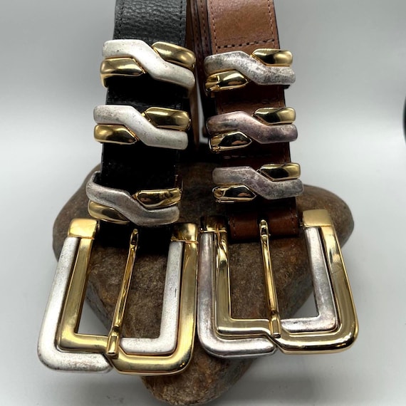 Vintage Streets Ahead Brown Textured Leather Belt, Mixed Metal Buckle - Medium