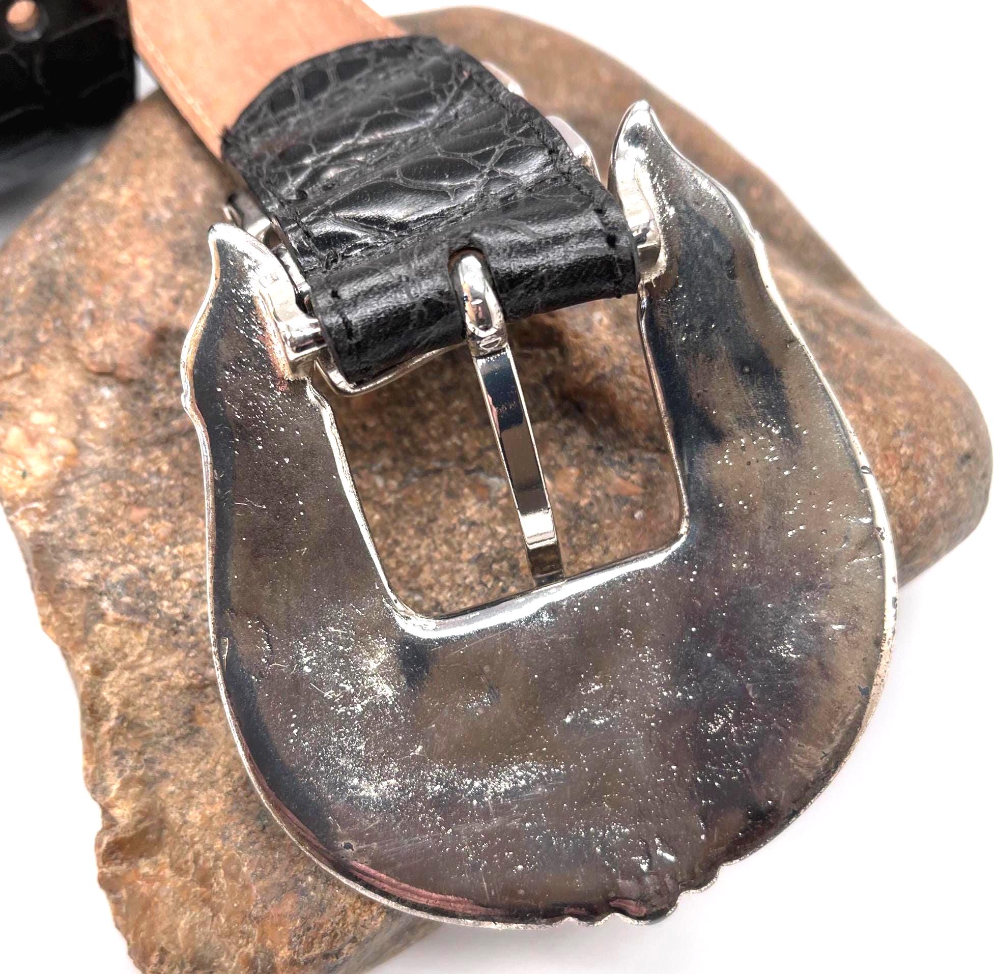 Vintage Streets Ahead Casual Black Croc Leather Western Belt Silver Hardware Vintage Streets Ahead Croc Leather Belt With Engraved Silver  main image 3