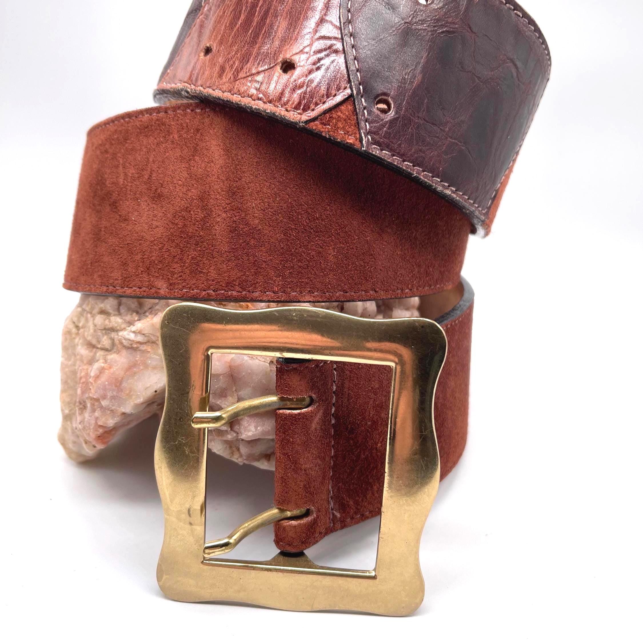 Streets‎ Ahead Suede Leather Belt Medium Gold Silver Buckle Western Style Gaby Belt - Tan Italian Suede Leather Belt With Gold Buckle  main image 2