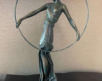 Vintage Art Deco Bronze Elegant Lady Dancer with Hoop Sculpture -Made in Mexico