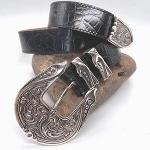 Vintage Streets Ahead Croc Leather Belt, Western Silver Scrollwork Buckle - Medium or Large
