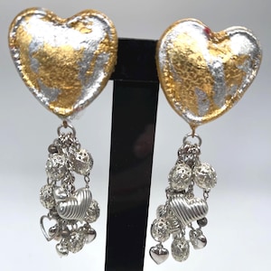 Vintage Artisan Gold-Silver Clay-Foil Heart Clip-On Dangle Earrings