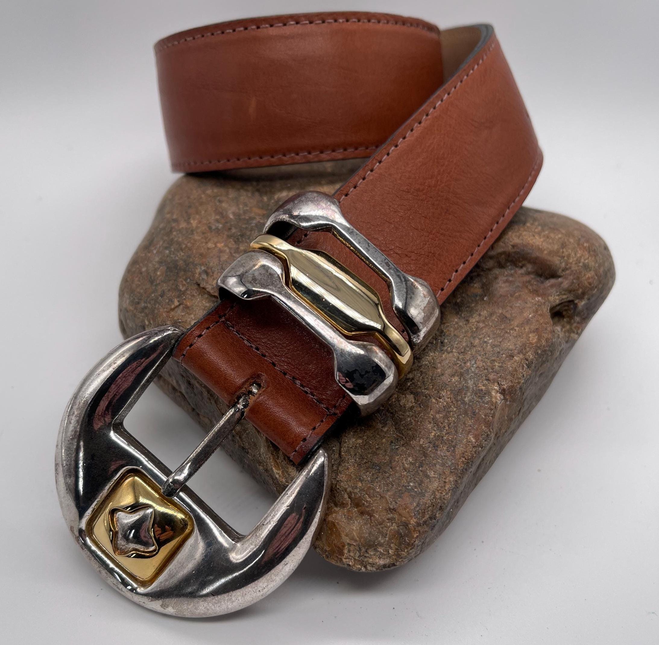 Vintage 90s Streets Ahead Painting Frame Gold Buckle Brown Leather  Waist Belt Streets Ahead Gold Concho Belt – Maverick Fine Western Wear main image 4