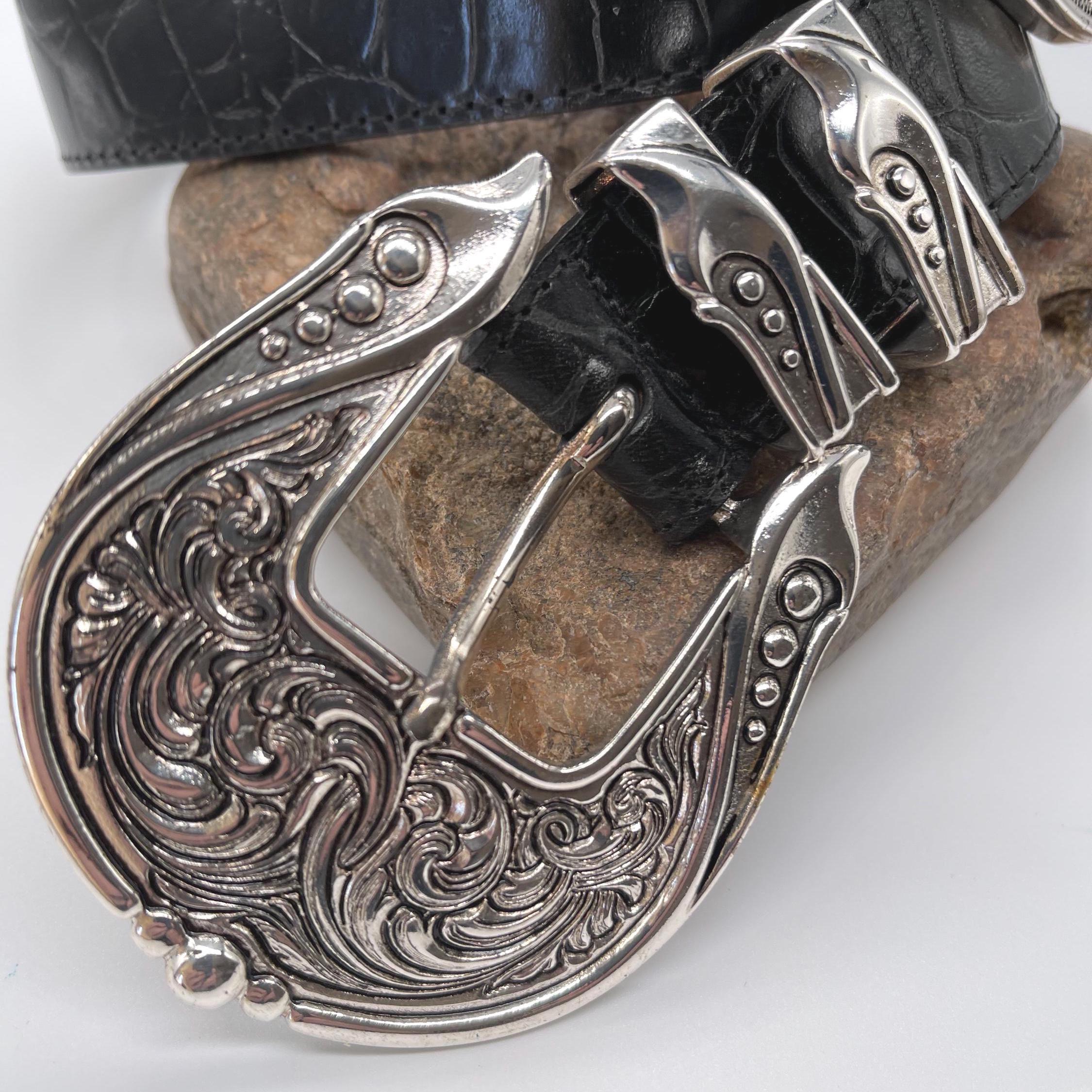 Vintage Streets Ahead Leather Belt Rare Openwork Face Buckle Brown Croc Embossed Vintage Streets Ahead Croc Leather Belt With Engraved Silver  main image 3