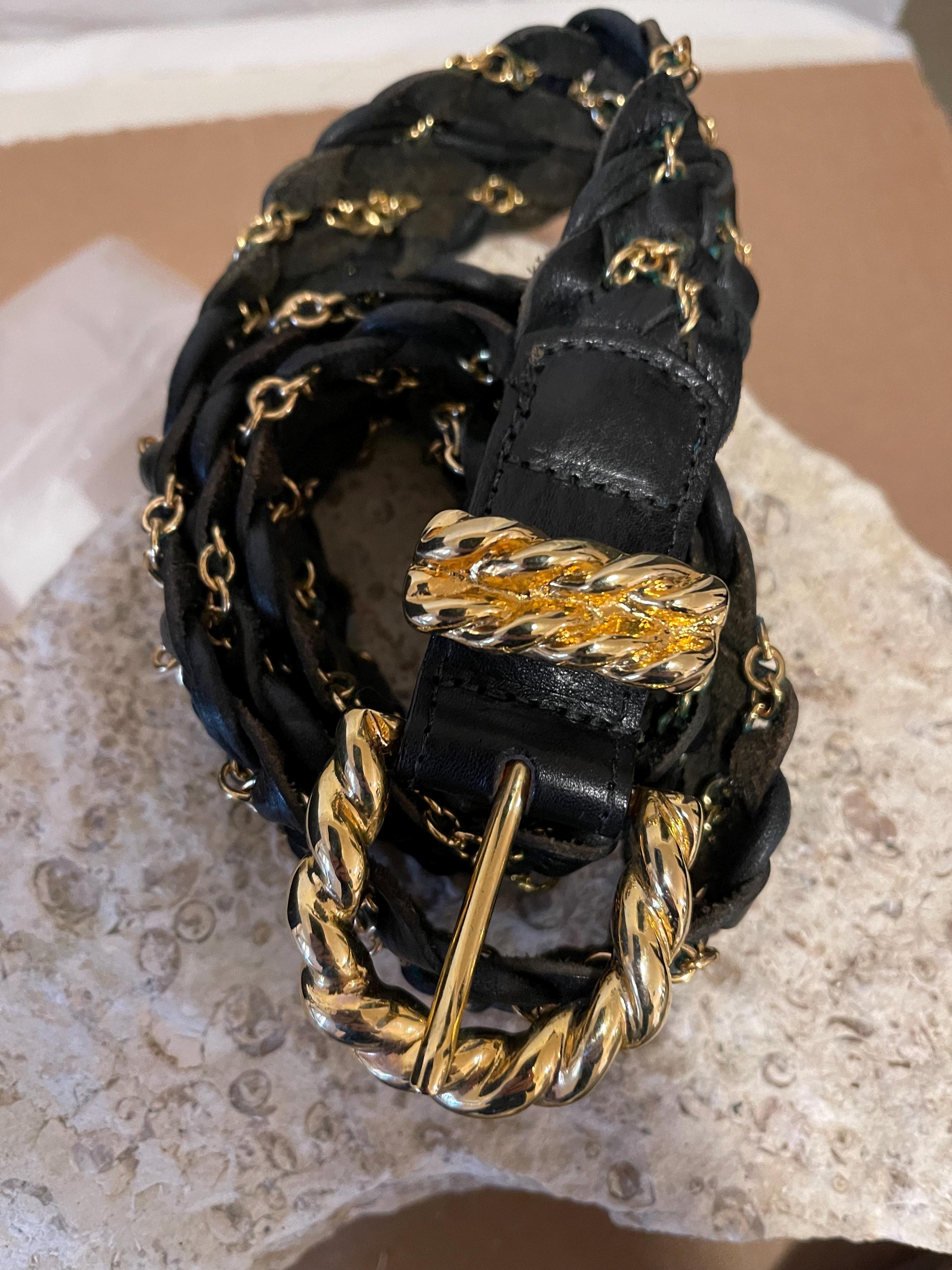 Vintage Braided Leather & Gold Chain Belt: 1980s Modernist  display picture 3