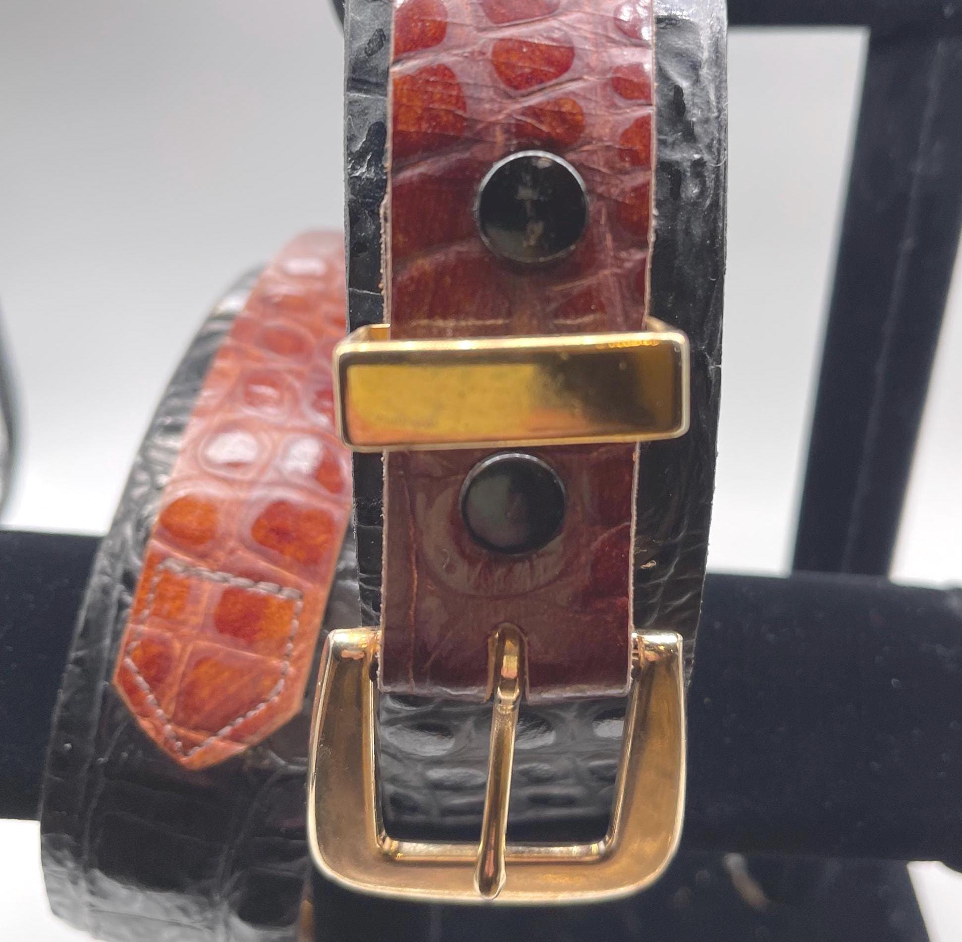 Vintage Elaine Coyne Brown Brass Square Leather Croc Embossed Belt Size Large Vintage Elaine Coyne Black and Brown Croc Leather Gold  main image 4