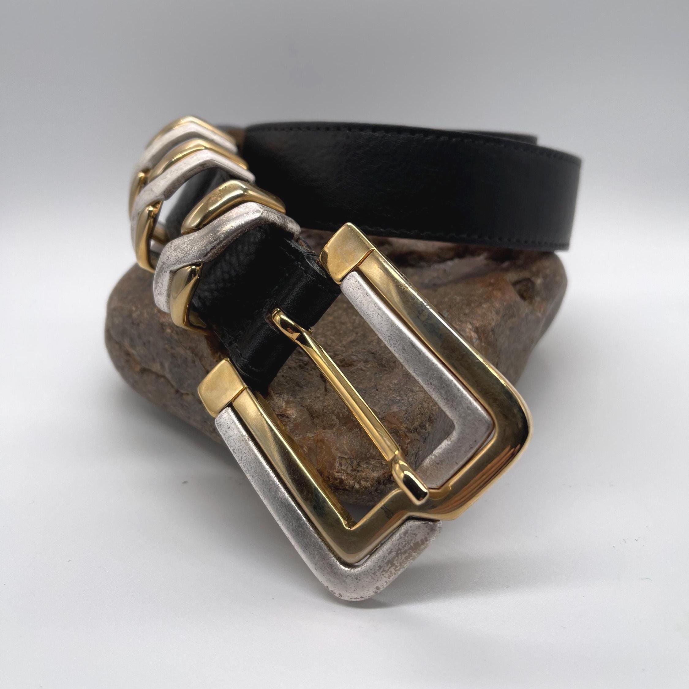 Streets Ahead Black Leather Belt with Gold & Silver Engraved Buckle Size Small Ariel Belt - Black Italian Leather | Streets Ahead  main image 3