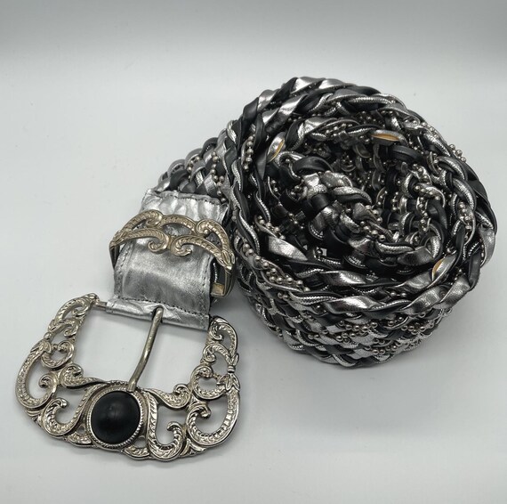 Vintage Black Leather and Silver Chain Belt Ledger Black Vintage Leather Belt with Silver Drop Chain  main image 4