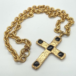 Vintage Anne Klein Gloss-Gold Byzantine Cross Necklace with Black Enamel Accents