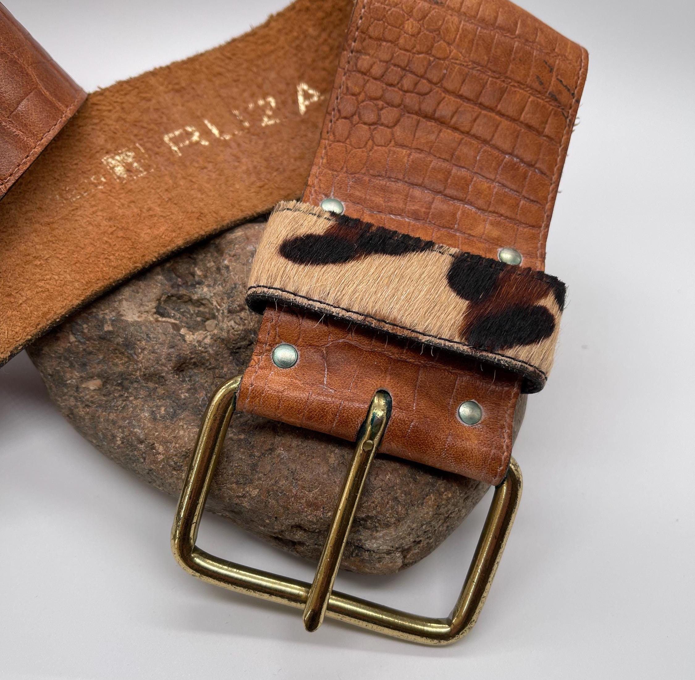 Vintage Croc Embossed Leather Belt: Ruza Leopard Trim, Size  display picture 2