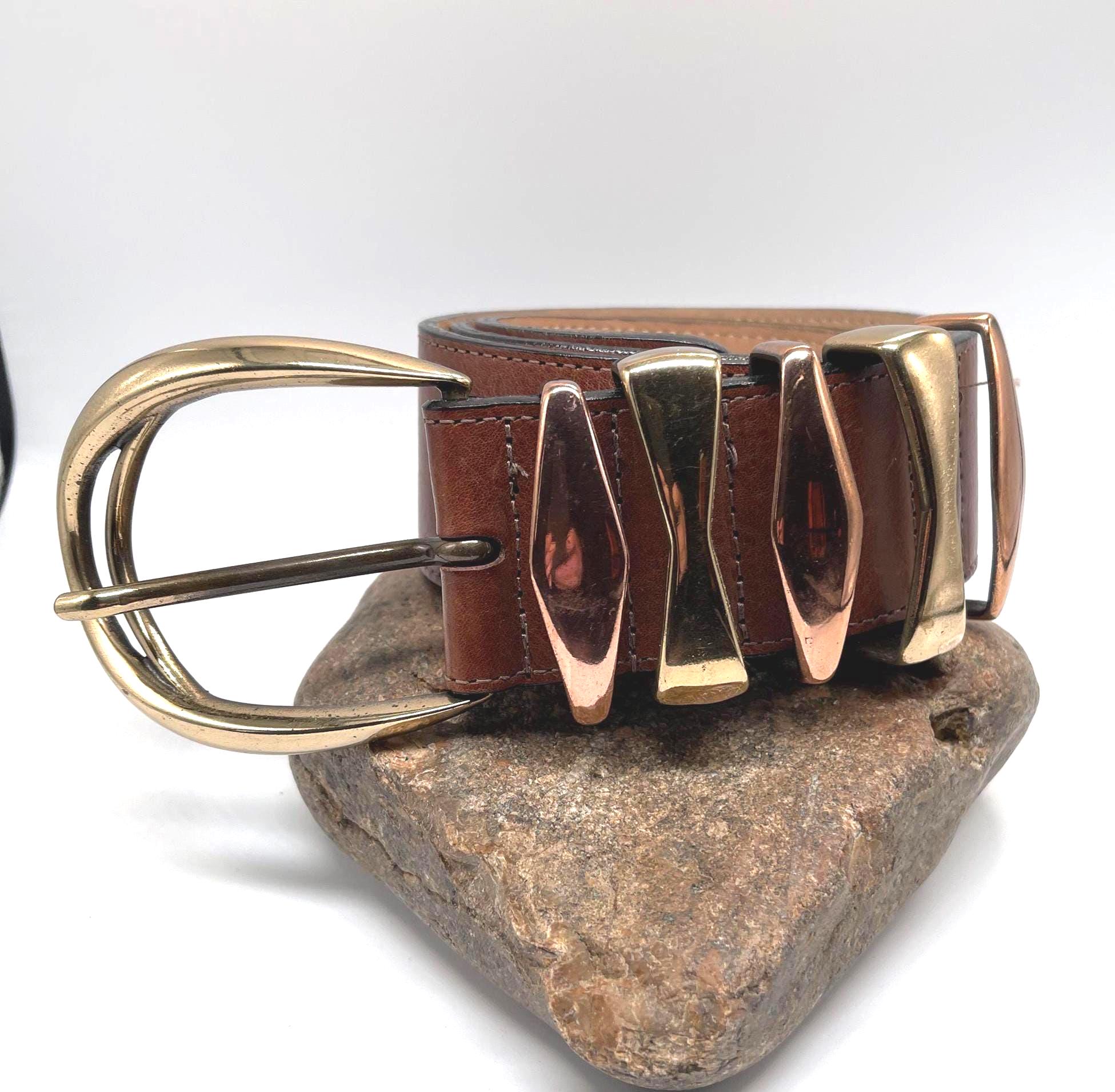 Vintage Streets Ahead Brown Leather Belt Gold Toned Rings Boho Made in USA XS Vintage Streets Ahead Brown Leather Belt, Matte Gold Buckle  main image 2