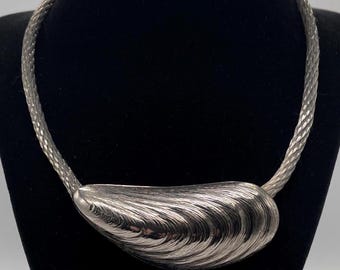 Collar con colgante ajustable en forma de concha, de cadena tejida plateada vintage - Cadena de extensión