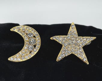 Pendientes de clip estilo botón con estrella y luna celestiales, de estilo vintage y acabado dorado brillante - Glamour y glamour