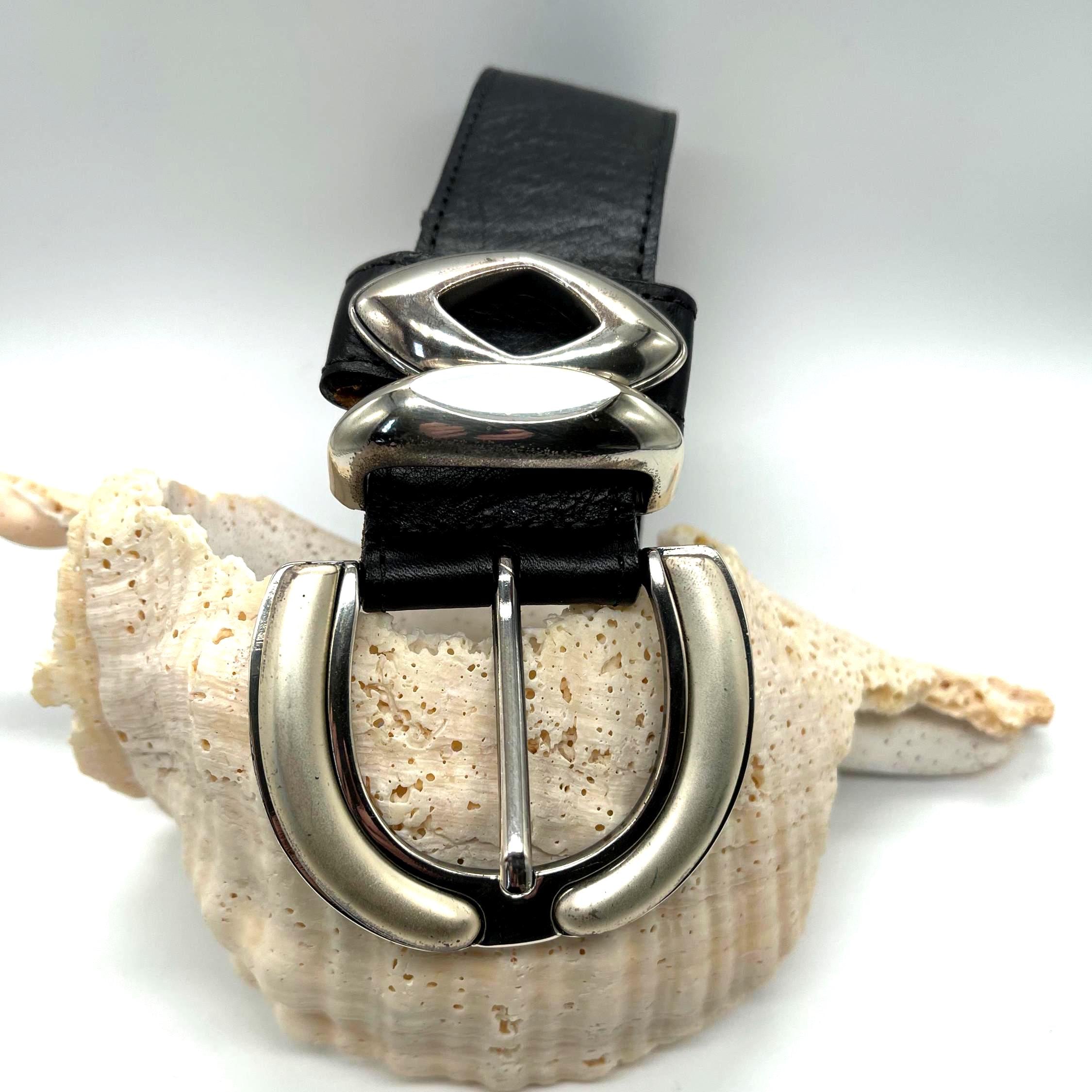 Vintage Streets Ahead Black Leather Heavy Buckle Wide Belt Streets Ahead Silver & Gold Belt | Black Italian Leather  main image 2
