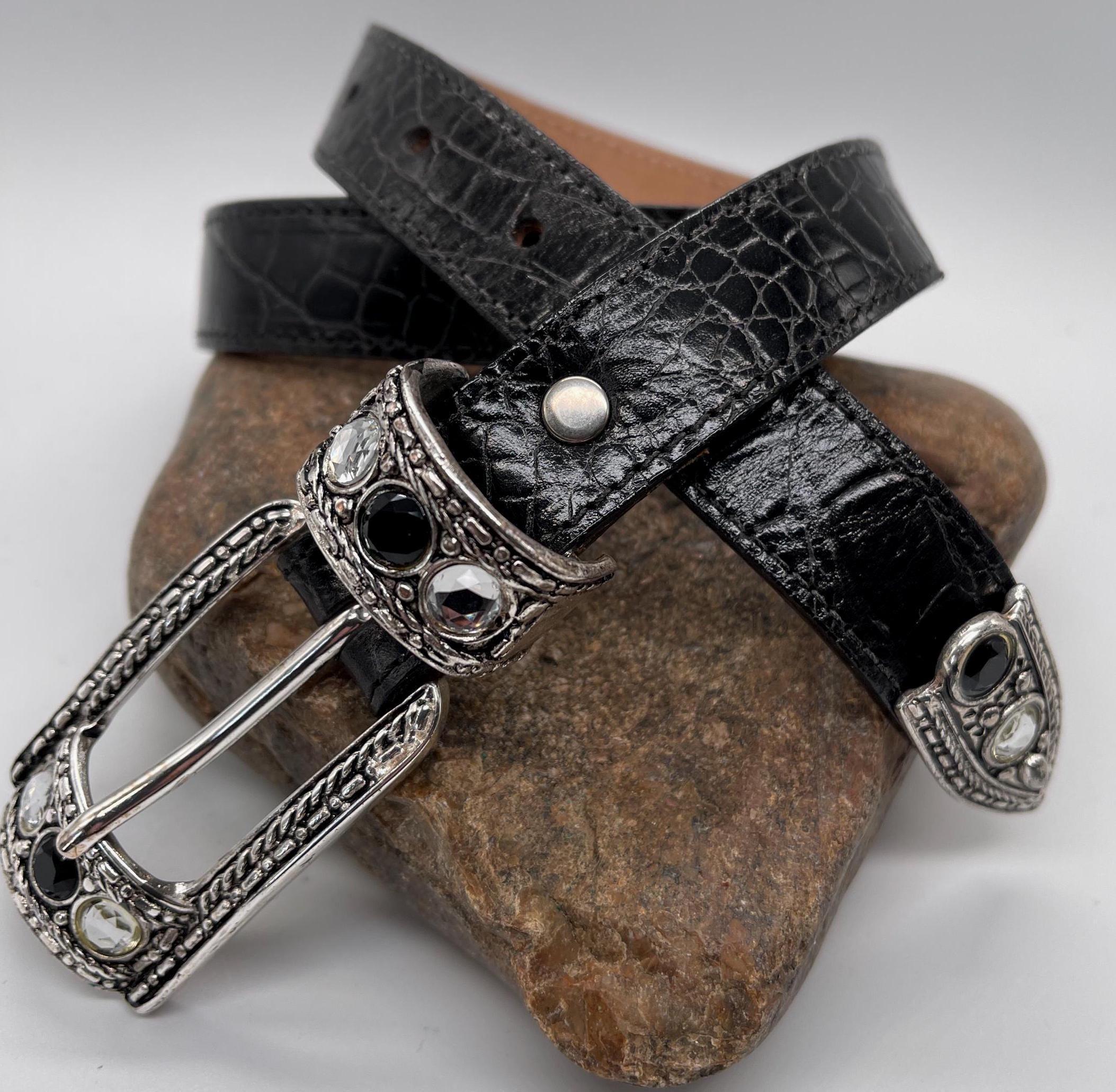Streets Ahead Black Croc Embossed Leather Belt Ornate Silver-Tone Buckle & Accen Hornback Crocodile Belt in Black — Ratchet Adjustable main image 3