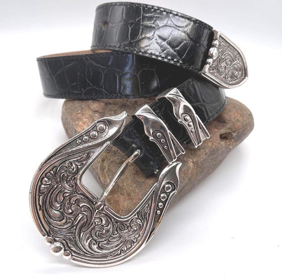 Vintage Streets Ahead Croc Leather Belt, Western Silver  display picture 1