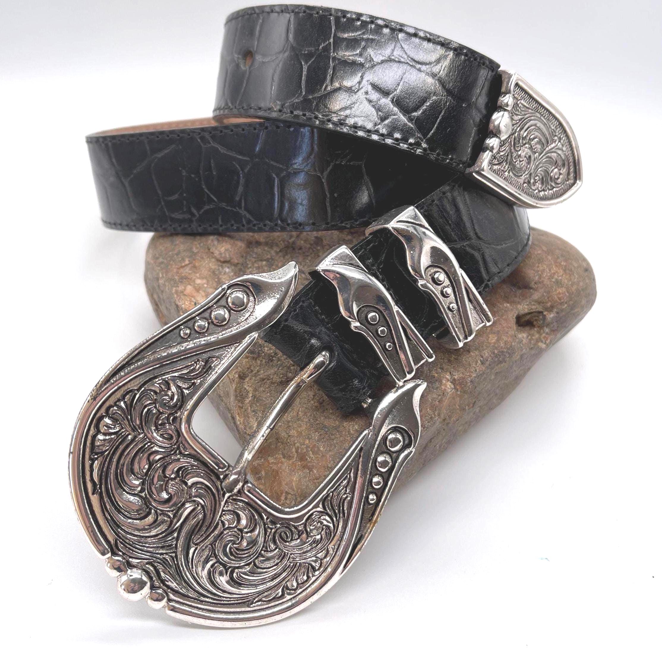 Vintage Streets Ahead Croc Leather Belt, Western Silver  display picture 1