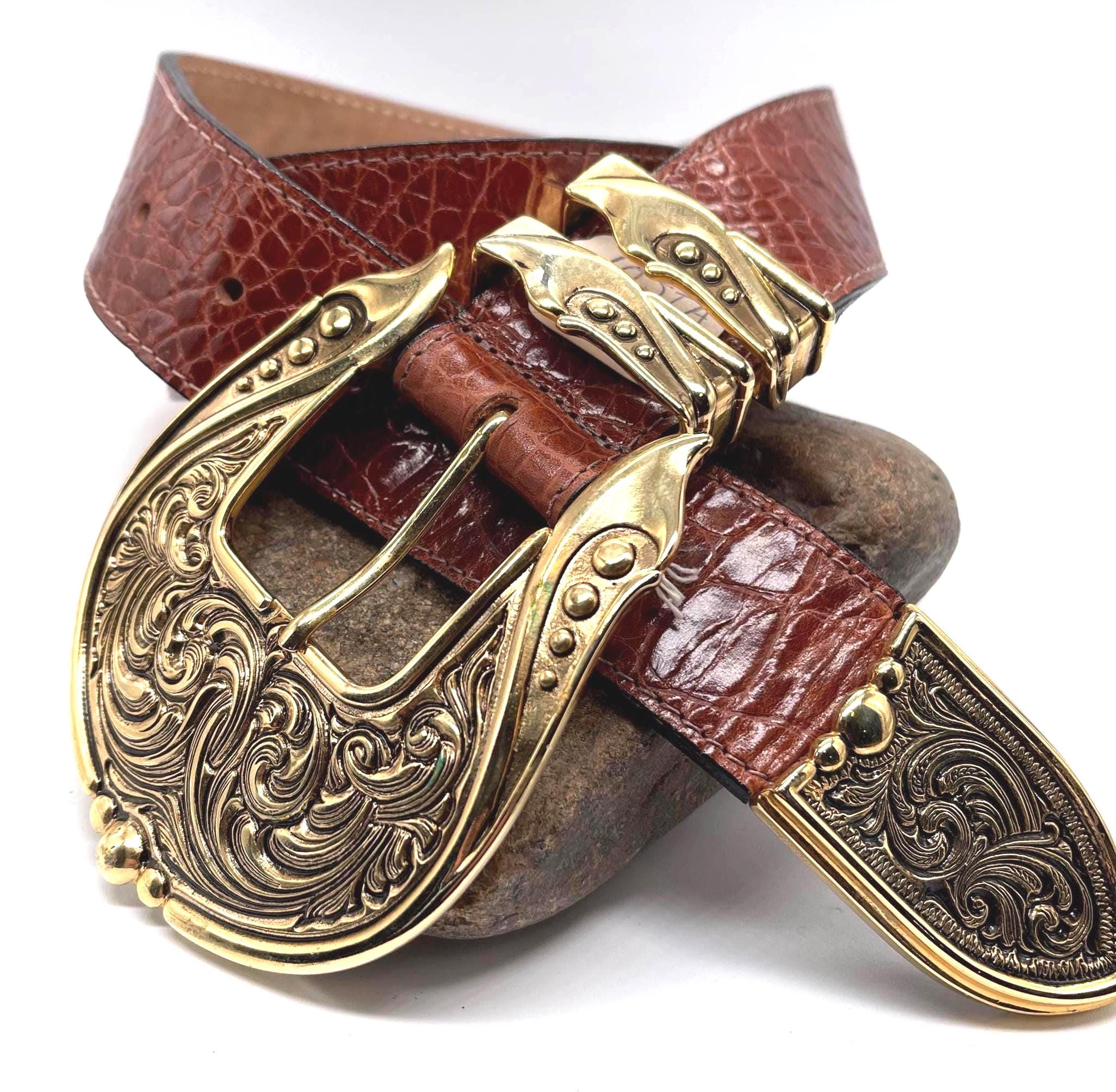 Vintage STREETS AHEAD Brown Western Croc Leather Belt Small 26 Braun Belt - Italian Leather Belt With Silver Western Buckle  main image 4