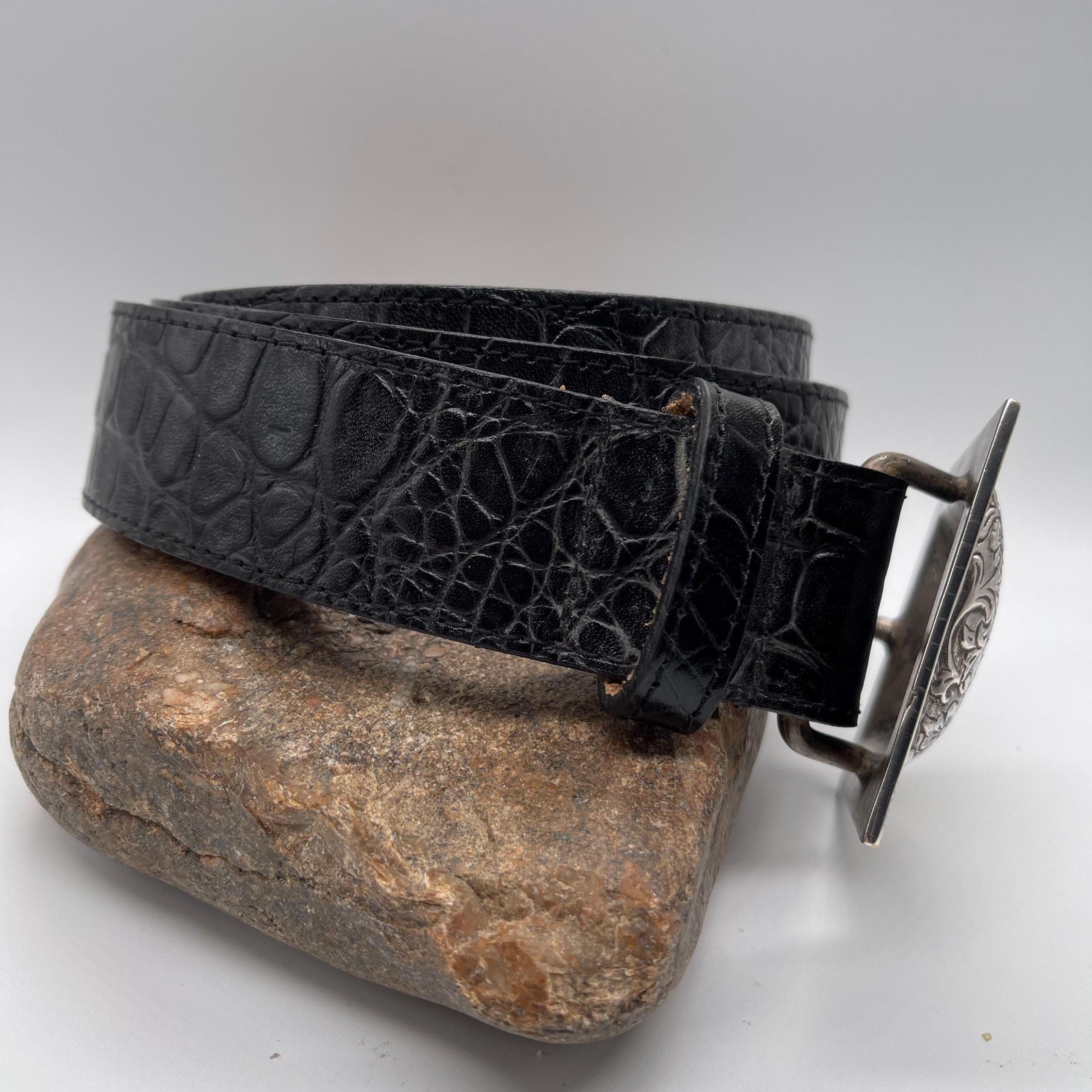 Streets Ahead Black Croc Embossed Leather Belt Ornate Silver-Tone Buckle & Accen Hornback Crocodile Belt in Black — Ratchet Adjustable main image 4