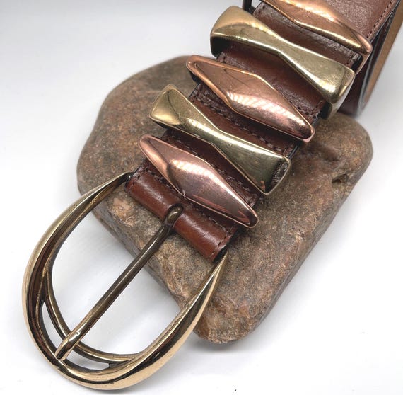 Vintage Streets Ahead Brown Leather Belt, Mixed Metal Buckle 