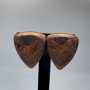 Vintage Horse Imprinted on Triangular Suede and Leather Clip-0n Button-Style Earrings -Western Style