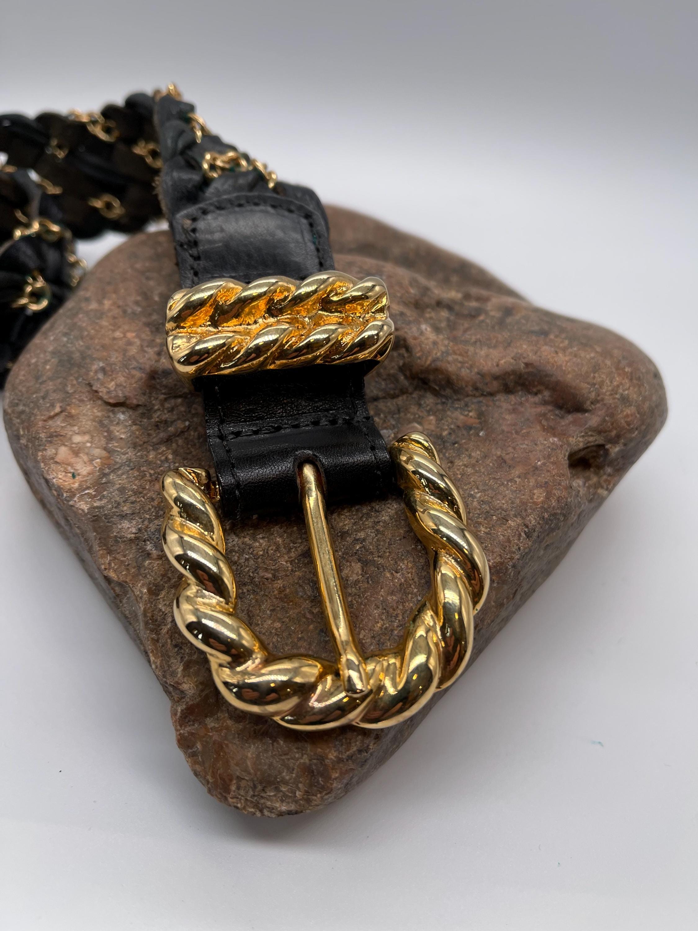 Vintage Braided Leather & Gold Chain Belt: 1980s Modernist 