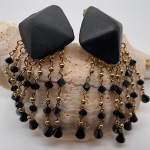 Black Crystal Dangle Earrings: 1980-90s Runway Glam, With Gold Beads
