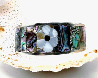 Vintage Mexico Alpaca Silver Abalone & Mother-of-Pearl Flower Cuff Bracelet