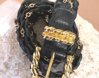Vintage Streets Ahead Black and Gold Chain Belt made in USA Aries Belt - Vintage Black Leather Belt With Gold Plated  main image 4