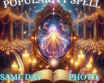 Pode incluir: Imagem de um espelho dourado ornamentado com uma figura celestial no centro, rodeado por velas e um livro aberto. O texto "POPULARITY SPELL" está acima do espelho, com "SAME DAY CAST" e "PHOTO PROOF" abaixo.