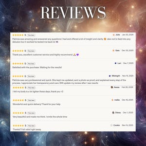 May include: A digital display of customer reviews titled REVIEWS, featuring eight five-star ratings with text comments from users including Julia, Gaia, Lari, Midnight, Aaaaa, meika, Dasay, and Cookie, set against a dark, swirling cosmic background.