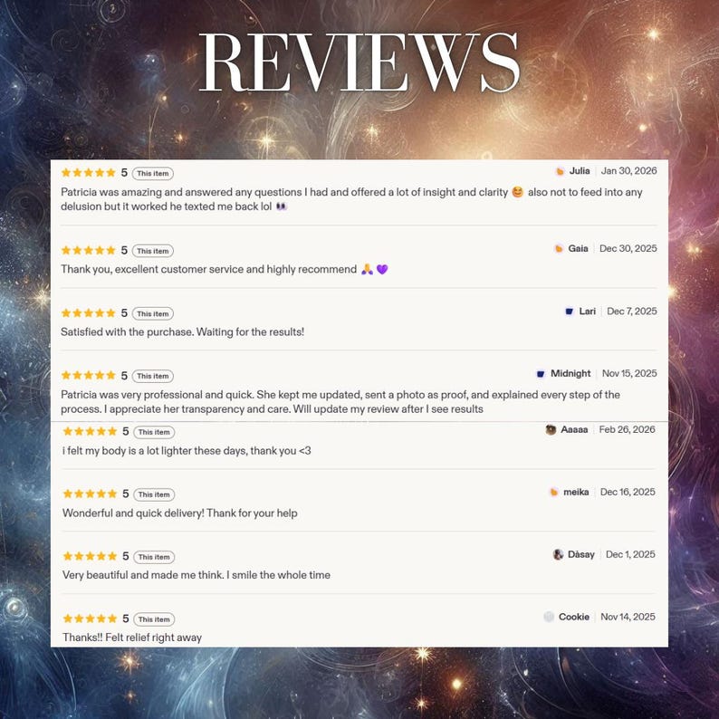 May include: A digital display of customer reviews titled REVIEWS, featuring eight five-star ratings with text comments from users including Julia, Gaia, Lari, Midnight, Aaaaa, meika, Dasay, and Cookie, set against a dark, swirling cosmic background.