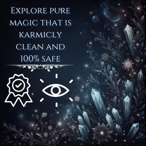 May include: A dark blue graphic featuring the text EXPLORE PURE MAGIC THAT IS KARMICLY CLEAN AND 100% SAFE. Below the text are white icons of a badge with a checkmark and an eye. The right side displays light blue crystalline structures.
