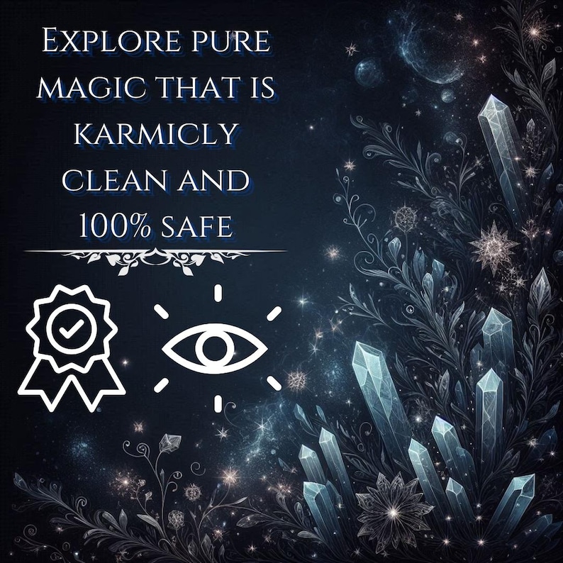 May include: A dark blue graphic featuring the text EXPLORE PURE MAGIC THAT IS KARMICLY CLEAN AND 100% SAFE. Below the text are white icons of a badge with a checkmark and an eye. The right side displays light blue crystalline structures.