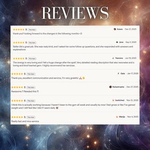 May include: A digital display of seven five-star customer reviews titled REVIEWS. Each entry includes a star rating, a button labeled This item, a username, a date, and text comments such as thank you, seller did a great job, and fast service.