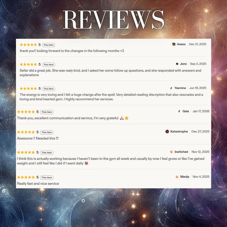 May include: A digital display of seven five-star customer reviews titled REVIEWS. Each entry includes a star rating, a button labeled This item, a username, a date, and text comments such as thank you, seller did a great job, and fast service.