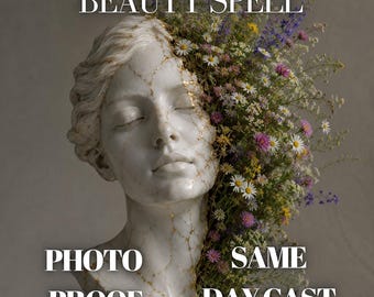 May include: A white marble-style bust of a person with closed eyes, featuring gold-colored cracks across the face and a dense arrangement of colorful wildflowers emerging from the right side. Text reads BEAUTY SPELL, PHOTO PROOF, SAME DAY CAST.