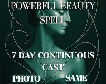 May include: A digitally rendered image featuring a woman's profile in shades of teal and green. The text "POWERFUL BEAUTY SPELL" and "7 DAY CONTINUOUS CAST" are displayed, along with "PHOTO PROOF" and "SAME DAY CAST".