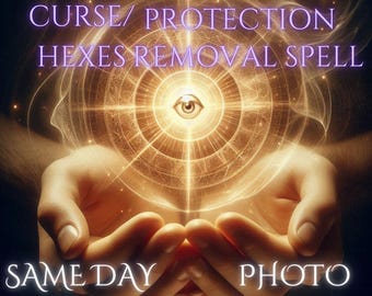 Może przedstawiać: Obraz z tekstem "CURSE / PROTECTION HEXES REMOVAL SPELL" w kolorze fioletowym, nad słowami "SAME DAY CAST PHOTO PROOF". Obraz przedstawia dwie dłonie obejmujące świecącą, złotą kulę z okiem pośrodku, otoczoną promienistym światłem.