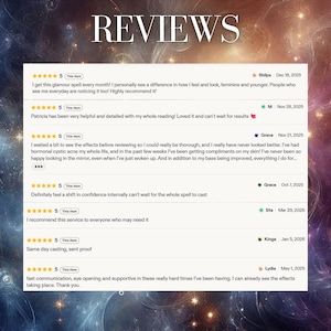 May include: A digital display of seven customer reviews, each featuring five gold stars and the text 'This item'. The reviews include customer names, dates, and written feedback regarding services, set against a dark, swirling cosmic background.