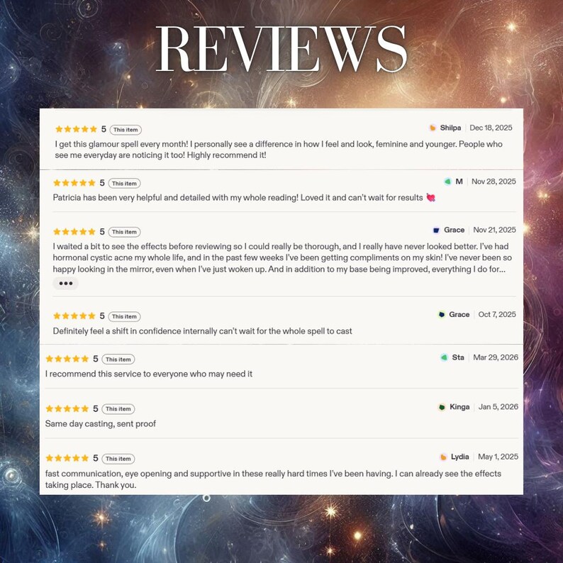 May include: A digital display of seven customer reviews, each featuring five gold stars and the text 'This item'. The reviews include customer names, dates, and written feedback regarding services, set against a dark, swirling cosmic background.