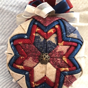 Handmade Quilted Ornament, Christmas ornament, round star pattern. No sew ornament