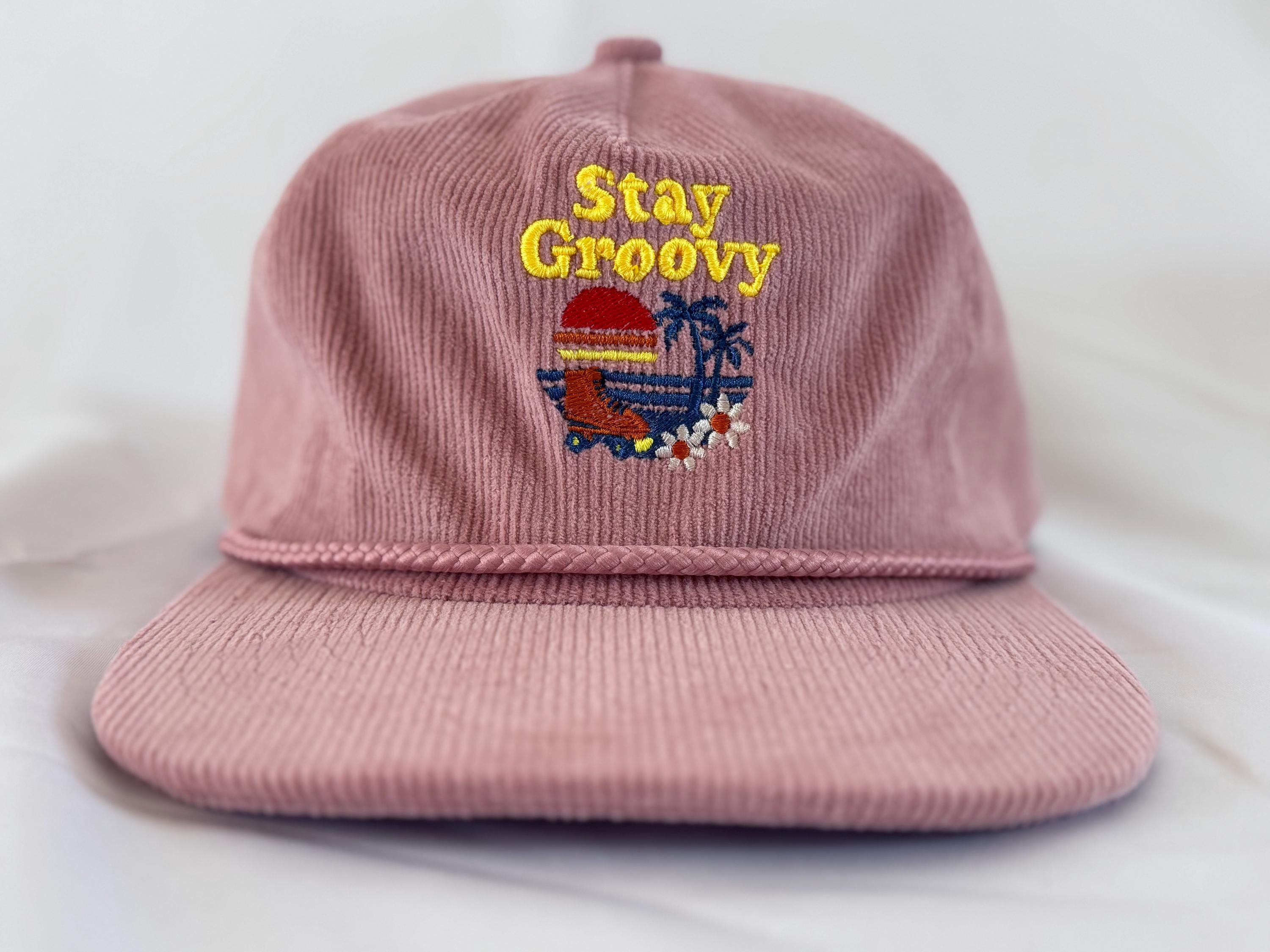 Pink Corduroy Hat: Embroidered Retro Roller Skate 70s Cap 