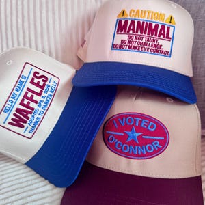 Puede incluir: Una pila de gorras de b&eacute;isbol con varios dise&ntilde;os bordados. Una gorra presenta el texto "CAUTION MANIMAL" con advertencias de seguridad. Otra dice "HELLO MY NAME IS WAFFLES" con detalles de adopci&oacute;n. Una tercera gorra muestra "I VOTED O'CONNOR".