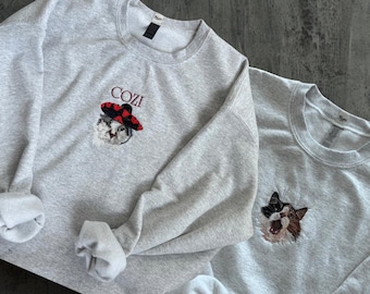 Sudadera de cuello redondo bordada con retrato de mascota / Sudadera personalizada para perros y gatos / Regalo personalizado para mascotas / Hecha en Colorado
