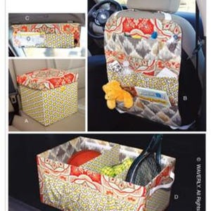 May include: Butterick B6228 Waverly sewing pattern for car organizers. The image displays four fabric storage items: a hanging visor pocket, a seat-back organizer with multiple compartments, a lidded box, and a large rectangular trunk bin.