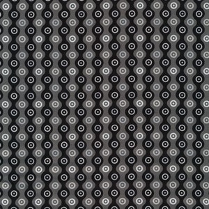 May include: A fabric textile featuring a repeating geometric pattern of vertical wavy lines in shades of black, charcoal gray, and light gray. Each wavy column contains a series of small, centered circular motifs in alternating light and dark tones.